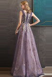 Purple A-Line Round Neck Tulle Long Prom Dress