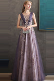 Purple A-Line Round Neck Tulle Long Prom Dress