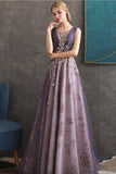 Purple A-Line Round Neck Tulle Long Prom Dress