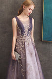 Purple A-Line Round Neck Tulle Long Prom Dress