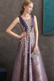 Purple A-Line Round Neck Tulle Long Prom Dress