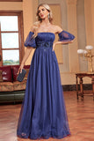 Navy A Line Removable Sleeves Pleated Long Prom Dress