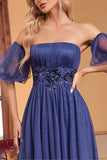 Navy A Line Removable Sleeves Pleated Long Prom Dress