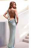 Grey Green Mermaid Cowl Neck Spaghetti Straps Backless Long Prom Dress