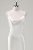 White Mermaid Cowl Neck Spaghetti Straps Backless Long Wedding Dress