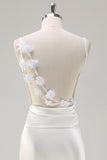 White Mermaid Cowl Neck Spaghetti Straps Backless Long Wedding Dress