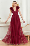 Burgundy A Line V Neck Sleeveless Tulle Long Prom Dress