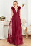 Burgundy A Line V Neck Sleeveless Tulle Long Prom Dress