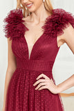 Burgundy A Line V Neck Sleeveless Tulle Long Prom Dress