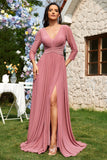 Dusty Rose A-Line V-Neck Long Sleeves Chiffon Long Formal Dress