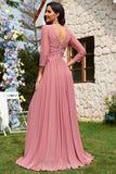 Dusty Rose A-Line V-Neck Long Sleeves Chiffon Long Formal Dress