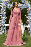 Dusty Rose A-Line V-Neck Long Sleeves Chiffon Long Formal Dress