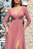 Dusty Rose A-Line V-Neck Long Sleeves Chiffon Long Formal Dress