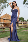 Sparkly Navy Mermaid Spaghetti Straps Corset Ruched Formal Dress with Slit