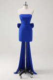 Royal Blue Bodycon Strapless Ruched Bow Streamer Short Prom Dress