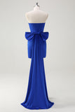 Royal Blue Bodycon Strapless Ruched Bow Streamer Short Prom Dress