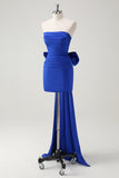 Royal Blue Bodycon Strapless Ruched Bow Streamer Short Prom Dress