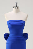 Royal Blue Bodycon Strapless Ruched Bow Streamer Short Prom Dress