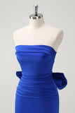 Royal Blue Bodycon Strapless Ruched Bow Streamer Short Prom Dress