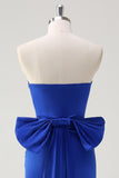 Royal Blue Bodycon Strapless Ruched Bow Streamer Short Prom Dress