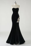 Sparkly Black Mermaid Strapless Velvet Bows Long Prom Dress With High Slit (Not Gloves)