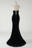 Sparkly Black Mermaid Strapless Velvet Bows Long Prom Dress With High Slit (Not Gloves)