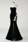 Sparkly Black Mermaid Strapless Velvet Bows Long Prom Dress With High Slit (Not Gloves)