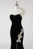 Sparkly Black Mermaid Strapless Velvet Bows Long Prom Dress With High Slit (Not Gloves)