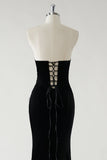 Sparkly Black Mermaid Strapless Velvet Bows Long Prom Dress With High Slit (Not Gloves)