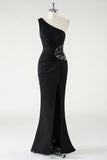 Sparkly Black Mermaid One Shoulder Ruched Sequin Long Prom Dress with Slit