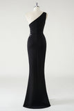 Sparkly Black Mermaid One Shoulder Ruched Sequin Long Prom Dress with Slit