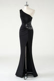 Sparkly Black Mermaid One Shoulder Ruched Sequin Long Prom Dress with Slit