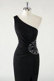 Sparkly Black Mermaid One Shoulder Ruched Sequin Long Prom Dress with Slit