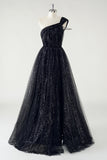 Black Tulle A Line One Shoulder Ruched Sequin Long Prom Dress with Slit