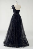 Black Tulle A Line One Shoulder Ruched Sequin Long Prom Dress with Slit