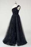 Black Tulle A Line One Shoulder Ruched Sequin Long Prom Dress with Slit