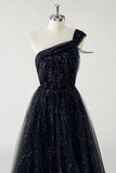 Black Tulle A Line One Shoulder Ruched Sequin Long Prom Dress with Slit