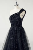 Black Tulle A Line One Shoulder Ruched Sequin Long Prom Dress with Slit