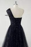 Black Tulle A Line One Shoulder Ruched Sequin Long Prom Dress with Slit