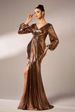 Metallic Brown Mermaid Long Sleeves Long Prom Dress with Slit