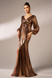 Metallic Brown Mermaid Long Sleeves Long Prom Dress with Slit