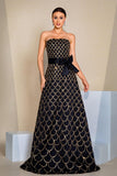 Black A-Line Strapless Sequin Long Prom Dress with Bow