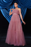 Pink Strapless A-Line Tulle Long Corset Wedding Guest Dress