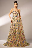 Sparkly Apricot Floral A-Line Long Prom Dress with Lace Up Back