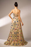 Sparkly Apricot Floral A-Line Long Prom Dress with Lace Up Back