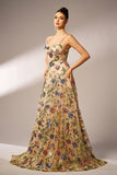 Sparkly Apricot Floral A-Line Long Prom Dress with Lace Up Back