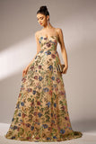 Sparkly Apricot Floral A-Line Long Prom Dress with Lace Up Back