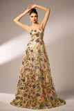 Sparkly Apricot Floral A-Line Long Prom Dress with Lace Up Back