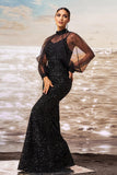 Sparkly Mermaid Black Sequin Long Sleeves Prom Dress