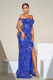 Blue Mermaid Sparkly Sequins Off The Shoulder Prom Dress with Slit